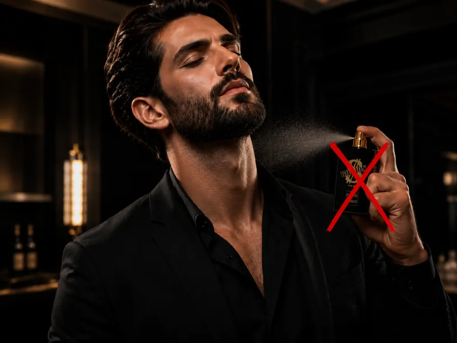 Homem elegante de terno preto aplicando perfume comum no pescoço em ambiente sofisticado, representando fragrâncias fracas que evaporam em poucas horas e não deixam rastro